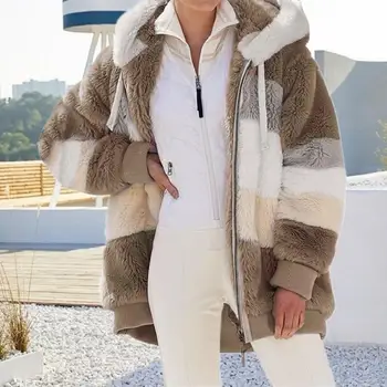 Női Plüss Téli Kabát Kapucnis Őszi-Téli Meleg Kevert Szín Vegyes Cipzáras Zseb Laza Streetwear Kabátok