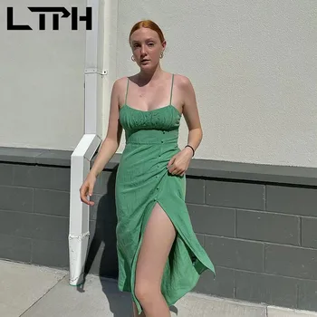 LTPH ins vintage ujjatlan kombiné zöld ruha női alkalmi elegáns gombok szexi osztott midi ruhák 2021 nyáron új