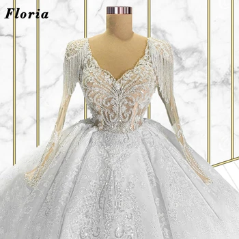 Floria Kézzel Készített Gyöngyök Tassel Esküvői Ruhák 2022 Török Arab Hosszú Estélyi Ruha Menyasszonyi Ruha Vestidos Dubai Couture Ruhák Menyasszony