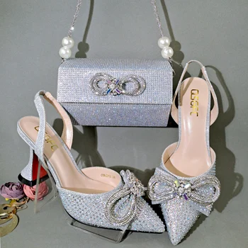 QSGFC 2022 Ezüst színű népszerű rámutatott, Tele gyémántokkal, fényes cipő, táskák, bankett cipő, táskák, valamint a barátok, buli s 0