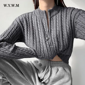 WYWM Cipzár Téli Kötött Pulóverek Női Kasmír Puha Szilárd Hosszú Ujjú Női Pullovers 2021 koreai Streetwear Vékony Pulóver
