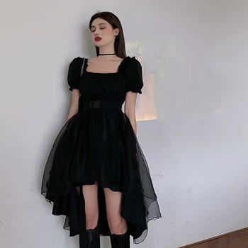 Harajuku A Nők Magas Alacsony Ruha Vintage 2021 Nyári Női Rövid Ujjú Szabálytalan Fekete Gótikus Ruhák Alkalmi Mini Fél Vestidos