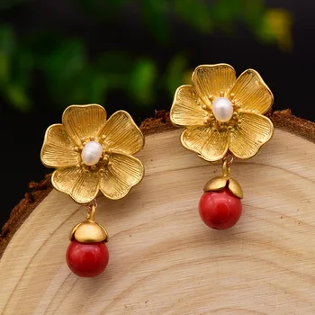 2021 Eredeti Természetes Gyöngy Virág Csepp Fülbevaló Piros Gyöngyökkel Luxus Divat Ékszerek a Nők, Lányok Party Ajándékok, Kézzel készített Ékszerek