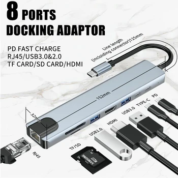 8 az 1-ben USB 3.0 Hub Laptop Adapter PC Számítógép PD Díj 8 Port Dokkoló Állomás, RJ45 HDMI TF/SD Kártya Notebook C-Típusú Splitter