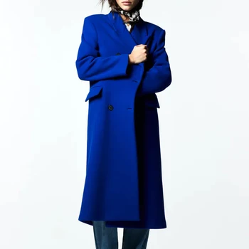 A Nők A Divat Az X-Hosszú Gyapjú Téli Kabát Kabát 2021 Dupla Soros Sűrűsödik Hosszú Ujjú Vitnage Kék Kabátban, Outwear