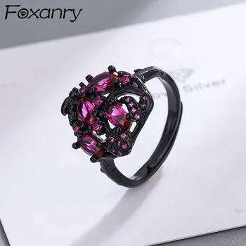 FOXANRY 925 Sterling Ezüst Fekete Gyűrűk a Nők Egyszerű, Divatos, Elegáns, Pezsgő, Rózsaszín Virágok Cirkon Szülinapi Parti Ékszer