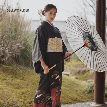 2019 SELLWORLDER Japán Kimonó Stílusú yukata retro Lány fekete ruhás Nő crane a cloud print, Hosszú Ruha, táska