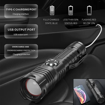 XHP99 LED-es Zseblámpa, Fokozatmentes Fényerő Erős 18650 Fáklya USB Újratölthető Zoom Munka Fény 4 üzemmód Vízálló Kemping Lámpás 4