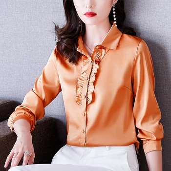 Őszi Koreai Selyem Női Blúz, Hosszú Ujjú Office Lady Gomb Ing Elegáns Nő Szatén Ing Maximum Blusas Mujer De Moda