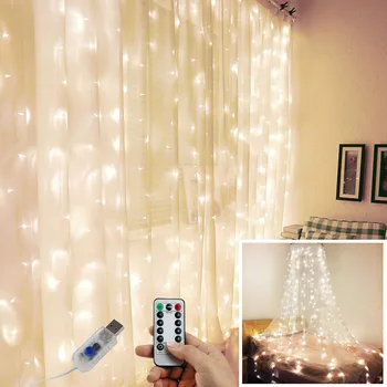 LED String Fények, Karácsonyi Dekoráció Távirányító USB Esküvői Garland Függöny 3M Lámpa Ünnep Hálószoba Izzó Kerti Tündér 0