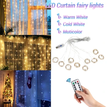 LED String Fények, Karácsonyi Dekoráció Távirányító USB Esküvői Garland Függöny 3M Lámpa Ünnep Hálószoba Izzó Kerti Tündér 2
