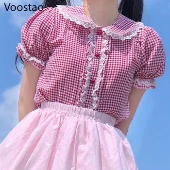 Japán Édes Lolita Stílus Blúzok Lányok Aranyos, Csipke Fodrokkal Puff Ujjú Kockás JK Pólók Női Preppy Stílus Kawaii Blusas Mujer
