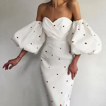 Francia eper nyomtatás ruha nyári lámpás ujjú, magas derék karcsú közép-ruha női stílus Fehér szexi, karcsú, party ruha, új