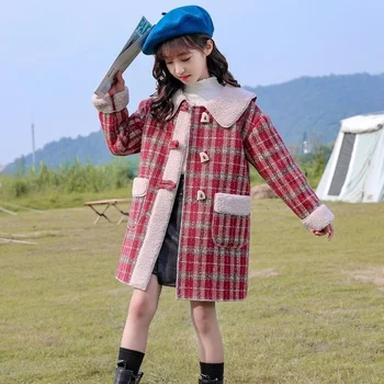 Lányok Megvastagodott Tweed Kabát Őszi-Téli Francia Stílus Utánzat Kasmír Bárány Plüss Kockás Gyapjú Kabát 5-12 Éves Lány