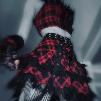 E-Punk lány Piros Kockás 2db Beállítja Tündér Grunge Szexi V Nyakú Csipke Tirm Backless Camis Crop Top Kawaii Lolita Mini Szoknya y2k Vintage