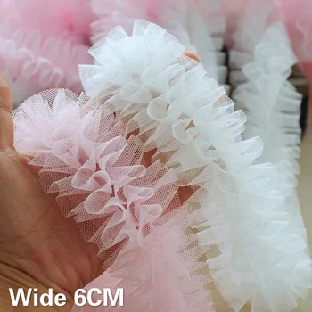 6CM Széles, Fehér, Rózsaszín Háló, Bolyhos 3D Rakott Csipke Anyagból, Hímzett Szalag Ruha Nyak Gallér Szélét Vágja DIY Varrás Kellékek