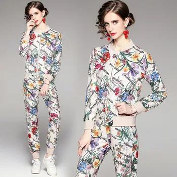 2021 őszi Európai divat Alkalmi női virág nyomtatás hosszú ujjú kabát kabát + nadrág 2 darab szett