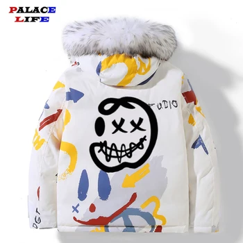 Téli Ördög Smiley Graffiti Kabát Férfi Harajuku Streetwear Hip-Hop Kapucnis Parka Kabát Le Meleg Párok Bomber Kabát