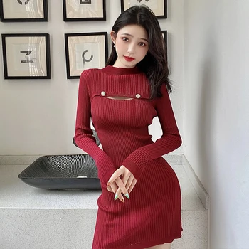 Kötött Tavaszi Őszi Mini-Szexi ruhák Klub Üreges Ki Piros Női Ruha Divat koreai Ruha Női Ruha Vékony Vestido