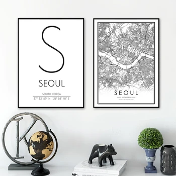 Szöul Koordináták Korea City Térkép Nyomatok Fekete-Fehér Utazási Poszter koreai Modern Wall Art Képek Vászon Festmény lakberendezés