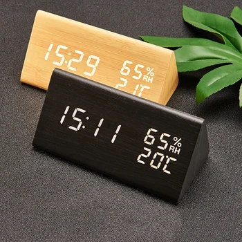 Fából készült Digitális Ébresztőóra Állítható USB Töltés Hőmérő hangvezérlés LED Elektronikus Táblázat Órák Haza Asztal Dekoráció, Kellékek