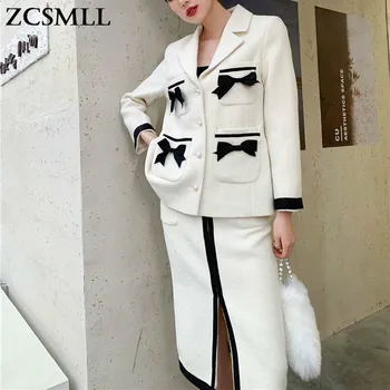 ZCSMLL Retro gyapjú öltöny 20 téli új koreai nők íj fekete-fehér ruha szoknya ruha
