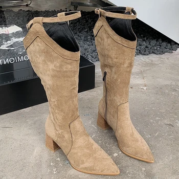 A Nők Őszi Új Chelsea Boots 2021 Western Csizma Divat Térdig Érő Női Cipő Hegyes Toe Cipő Női Szögletes Sarkú Zip Cipő
