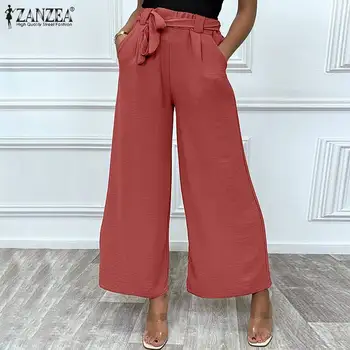 ZANZEA Vintage Egyenesen Pantalon Női Szilárd Széles Láb Nadrág 2021 Őszi Laza, Magas Derék Nadrág Hölgy Alkalmi Diagonál Hivatal Nadrág