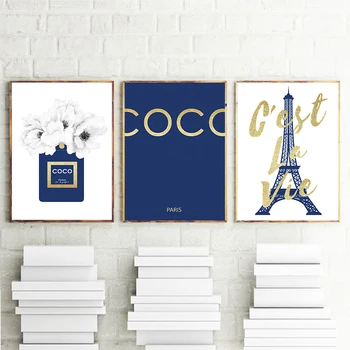 Divat-Virágos Parfüm Poszter Nyomtatás Coco Eiffel Torony Fal Művészeti Vászon Festmény Sötétkék Képek Nappali Lakberendezés