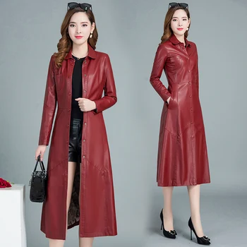 Női kabát, Pu bőr kabát plusz Changchun őszi divat mozdony bőr széldzseki a térd női fekete piros 2