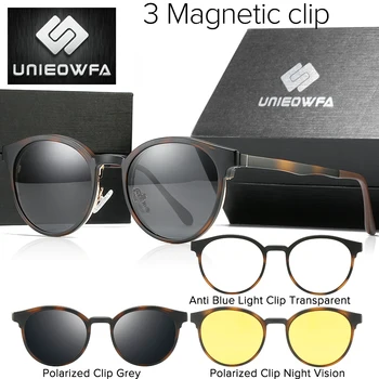 Kerek Mágnes Klip Női Napszemüveg Retro Polarizált éjjellátó 3 az 1-ben napszemüvegek Férfi UV400 Receptet Optikai Szemüveg