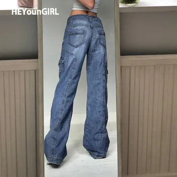 HEYounGIRL Barátja Vintage Magas WaistJeans a Nők Harajuku Alkalmi Bő Nadrágot, Kalapot Zsebbel Kék Farmer Nadrág Ősz
