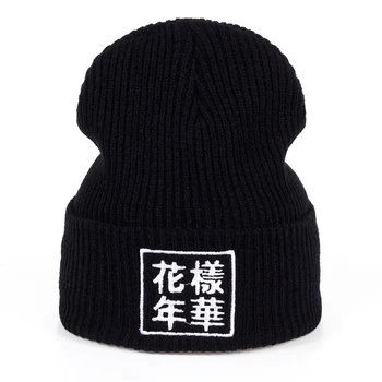 Koreai verzió Unisex fekete Pamut K-POP Bangtan Fiúk kalapos Betűk hímzés Gyapjú sapka, Kötött sapka őszi téli Meleg