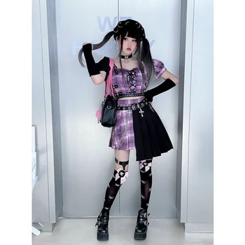 Japán Harajuku Édes kislány nyári ruha 2db JK rövid bubble sleeve tér gallér crop top kockás rakott szoknya Punk Helyes beállítása