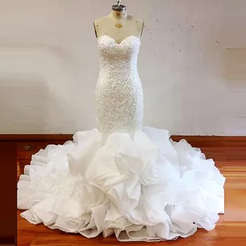 Igazi Képek Sellő Esküvői Ruha Fodros Vonat Flitterekkel Appliqués Afrikai Menyasszonyi Ruha Csipke Vissza vestido de noiva