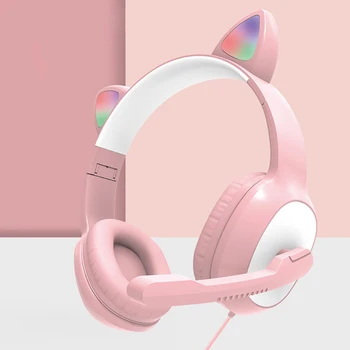 Vaku Aranyos Macska Füle, Vezetékes Fejhallgató, Mikrofon Irányítani LED Gyerek Lány Sztereó Zene Sisak Telefon Headset Ajándék