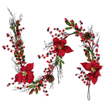 6 Méter Karácsonyi Koszorú Piros Bogyó fenyőtoboz Mikulásvirág Virág, Holly Levelek Szőlő Garland a Karácsonyi Haza Étkezési