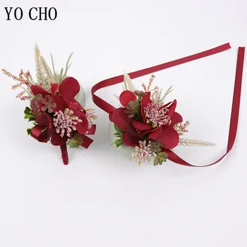 YO CHO Virág Csokrot Vőlegény Bross Csapok Esküvői Menyasszonyi Csokrot a karszalagod Lány Selyem Vörös Rózsa Esküvőszervező Virágok