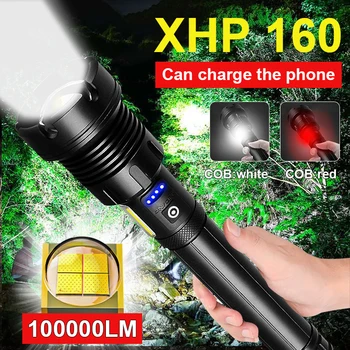 100000LM XHP160 High Power LED-es Zseblámpa, USB-s 18650 Újratölthető Taktikai Zoom Lámpás Hatalmas Kemping Fáklya Munka Kézi Lámpa