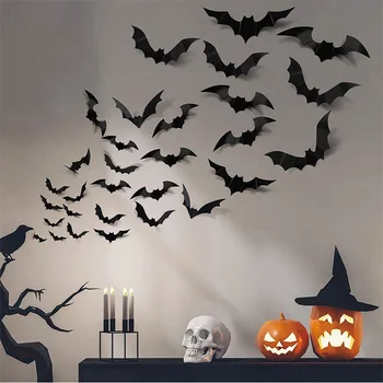 12db Halloween Dekoráció 3D Fekete PVC Bat Halloween Party DIY Dekoráció Kocsmai Halloween Party Ijesztő Decos Kellékek Fali Matrica