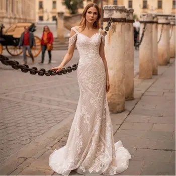 Gyönyörű Sellő Esküvői Ruhák 2021 Luxus Szívem Csipke Gyöngyfűzés Appliqués Padló Hossza Tulle Vestido De Novia Egyéni