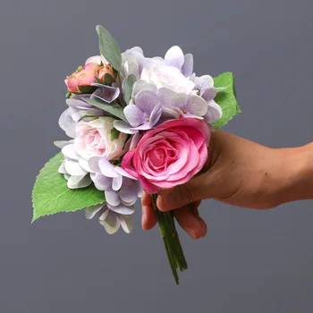Mesterséges Selyem Lila Virág Hortenzia, Rózsa Csokor A Menyasszony Kezében Virág, Esküvői Csokor Lakberendezési Hamis Virág Csokor