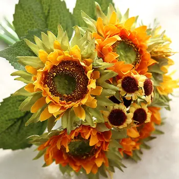Selyem Sárga Napraforgó Ág 27CM Világos Színű Mesterséges Nap, Virág Csokor, Esküvői Asztal Dekoráció Virágos Bokor Váza