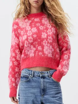 ZA őszi új, rövid, kötött pulóver temperamentum aranyos lányos stílusú virágos jacquard kerek nyakú pulóver női ruházat