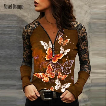 Új Elegáns Női Blúz, Hosszú Ujjú Női Vékony Csipke Pillangó Nyomtatás Női Pulóver Ing, Alkalmi V-Nyakú Streetwear Blusas