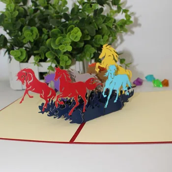 3D Lézer Vágott Képeslap Faragás Üres Papír vágott Origami Kézzel készített Kalligráfia Színes Vágtató Ló Pályázati Üdvözlőlapok