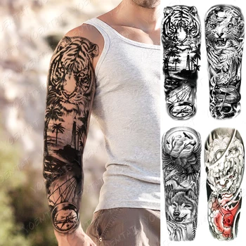 Vízálló Ideiglenes Teljes Karján Tetoválás Matrica, Oroszlán, Tigris, Farkas-Erdő Ördög Flash Tatto Ember Totem Body Art Hamis Hüvely Tetoválás A Nők 0