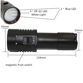A víz alatt 6 LED Fotózás Videó Búvárkodás Lámpa 2x 365nm UV-Fény + 4x XP-G2 Fehér LED Búvár Fáklya+ 26650 Fotó Lámpa 3