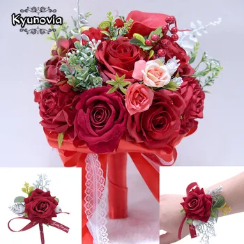Kyunovia Piros 3pcs/készlet (1 x Menyasszonyi Csokor, 1 db csuklódíszt,1x Virág) Esküvői Csokor a Menyasszony Csokor Virág GC40