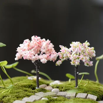 2DB Műanyag Mini Szimuláció Sakura Fák Miniatúrák táj Dísz Kerti Virágtartó Otthoni Dekoráció